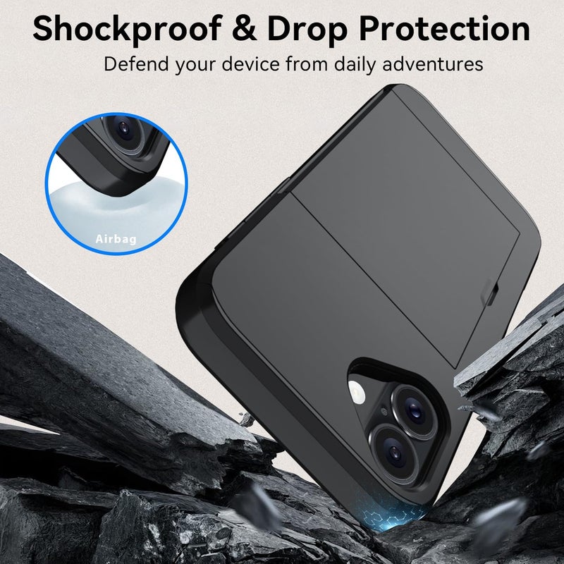 QMAY Compatible with iPhone 16 Plus Case with Card Holder, Dual Layer Shockproof,Heavy Duty Protective Hidden Slot Slim Wallet Phone Cover，Black - Image 5